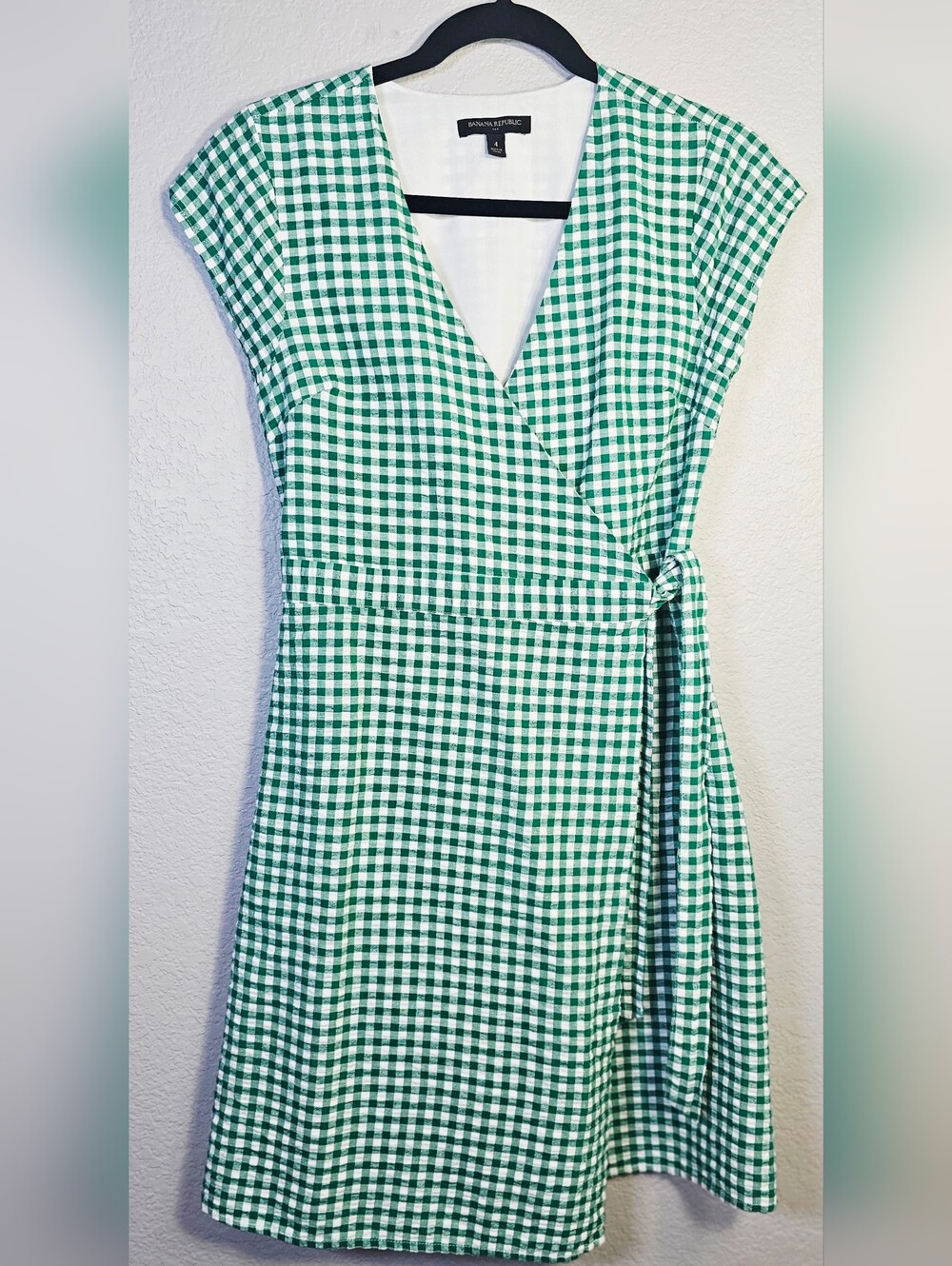 Banana Republic Green Gingham Wrap Dress Size 4 Seersucker Sleeveless